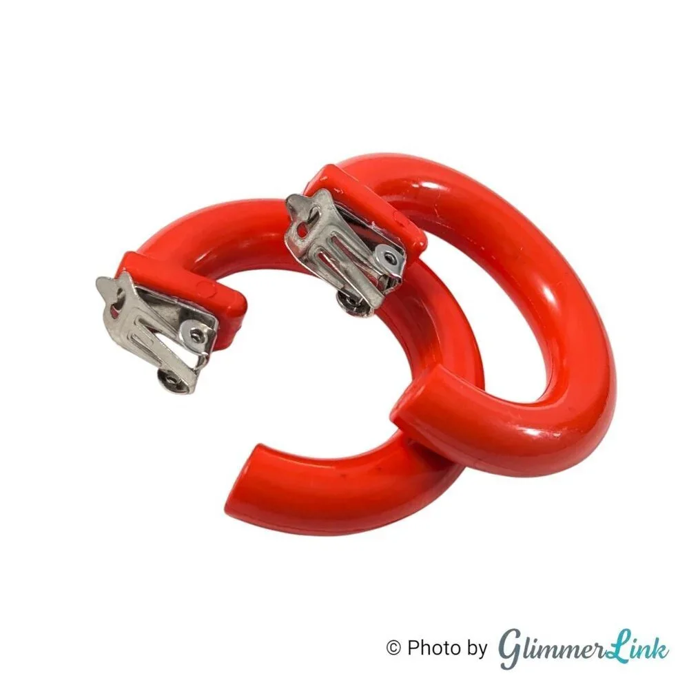 Vintage Orange Red Plastic Hoop Clip On Earrings